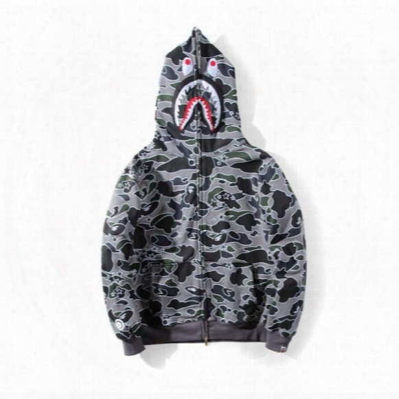 Hot Lovers Shark Mouth Printed Camo Hoodies Gray Blue Fashion Camo Cardigan Hoodies Sport Sweatshirts Tops Size S-xxl