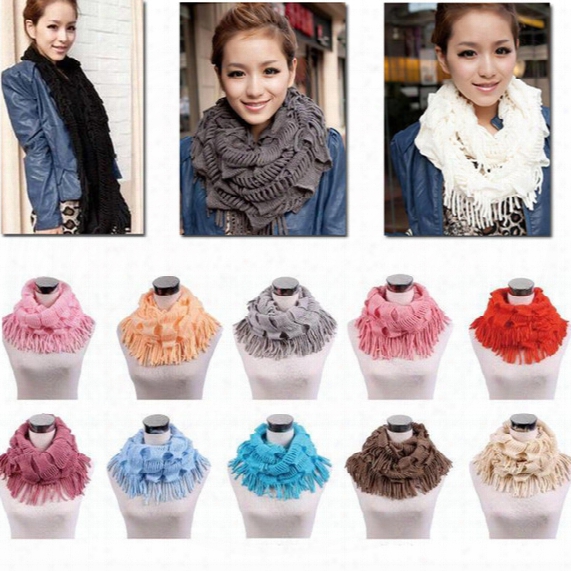 Hot Sale Womens Winter Warm Knitted Layered Fringe Tassel Neck Circle Shawl Snood Scarf Cowl Girl Solid Long Soft Infinity Scarves Wraps W00