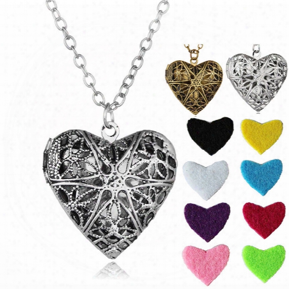 Locket Pendant Necklace Censer Aromatherapy Essential Oil Diffuser Locket Necklace Heart Hollow Carving Locket Pendant Necklaces