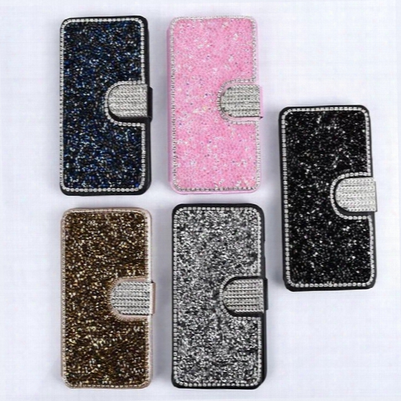 Luxury Bling Diamond Flip Wallet Leather Case Silk Pattern Card Slot Stand Holder Cover For Iphone5s 6s 6 Plus7 7plus Samsung S6 S7