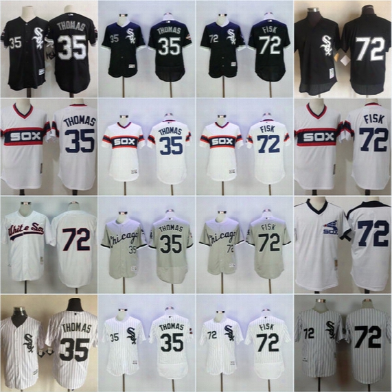 Mens Chicago White Sox #35 Frank Thomas Throwback #72 Carlton Fisk Pullover Cooperstown Gray Road Black Mesh Bp Stitched Baseball Jerseys