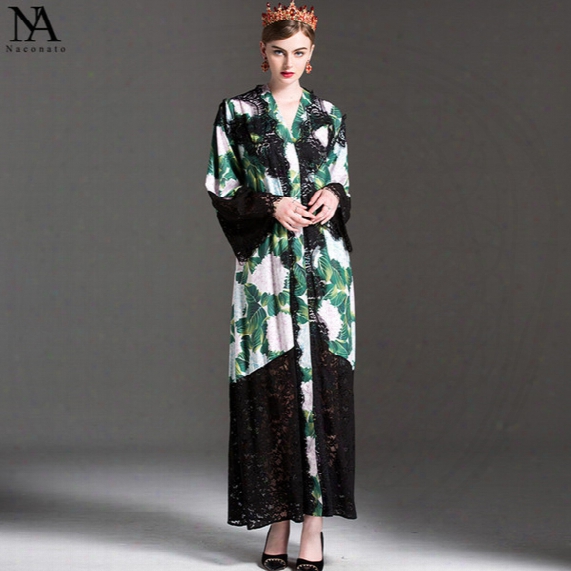 New Arrival 2017 Women's O Neck Long Sleeves Lace Patchwork Printed Loose Design Elegant Cardigan Maxi Runway Dresses