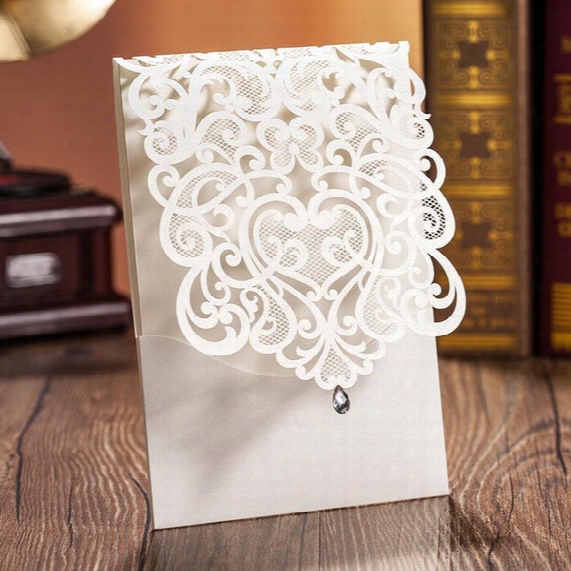 New Personalized Printable Wedding Invitation Cards White Gold Laser Cut Flora Hollow With Rhinestone Chinese Wedding Favors