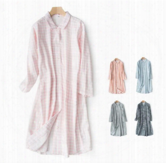 Small Lattice Double-layer Yarn Pajama Stand Collar Long-sleeved Dress Female Summer Cotton Cardigan Spring And Summer