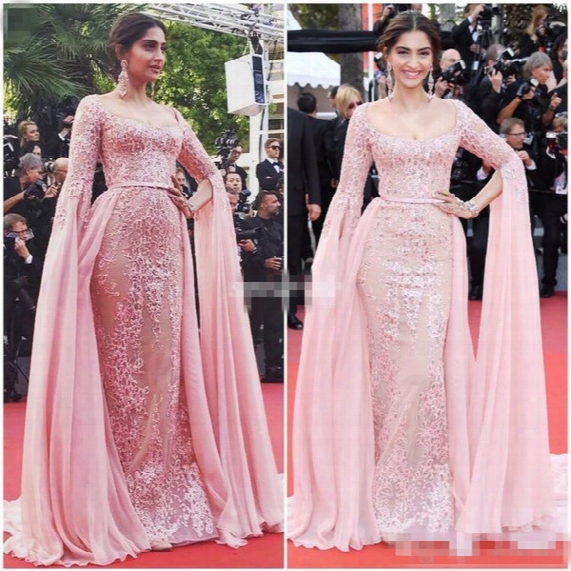 Sonam Kapoor Cannes 2017 Celebrity Evening Dresses With Long Sleeve Scoop Neck Beading Lace Blush Detachable Train Red Carpet Gowns For Prom