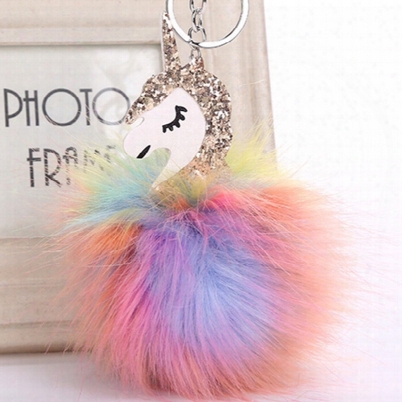 2017 Anime Horse Keychain Cute Metal Unicorn Key Chain Pendant Women Car Styling Fluffy Fur Pompom Keyring Bag Hang Trinkets