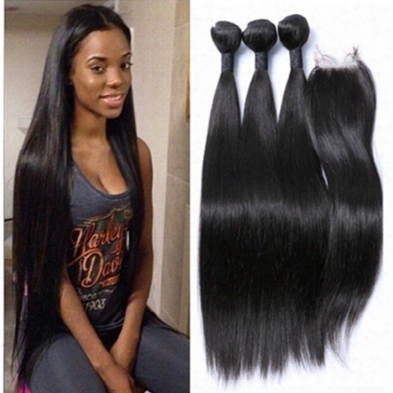 Factory Silky Straight Braziliab Hair With Closure 3pcs Hair Bundles And 1pc 4x4 Lace Closure Total 4pcs Lot #1 Jet Black Color