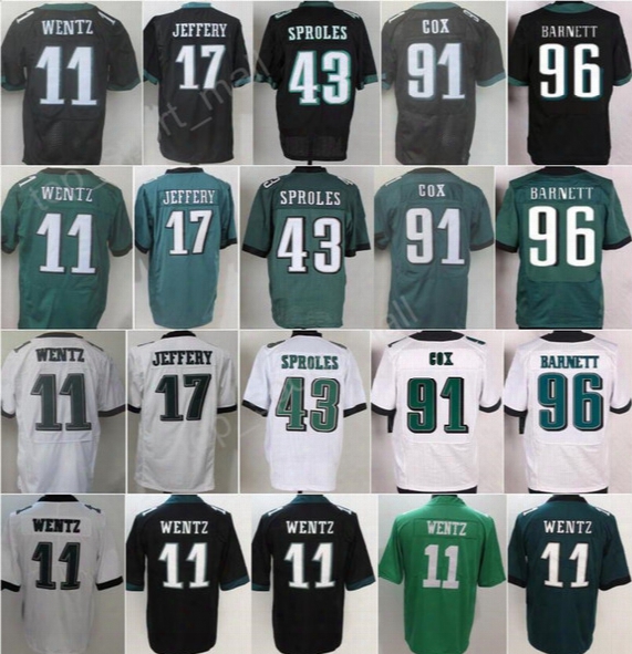 Free Shipping Men 11 Carson Wentz Jersey 17 Alshon Jeffery 43 Darren Sproles 91 Fletcher Cox 96 Derek Barnett Color Rush Black Green White