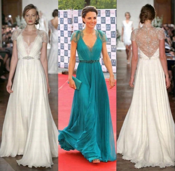 Kate Middleton In Jenny Packham Sheer Lace Chiffon Evening Dresses With Cap Sleeves Evening Gowns Formal Celebrity Red Carpet Dresses
