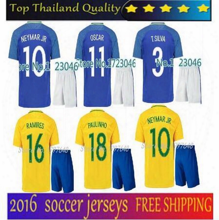 New Brazil Kit Soccer Jersey 2016 Neymar Jr Home Away T.silva Oscar D.costa David Luiz Top Quality Brazil Football Shirt Soccer Kit Jersey