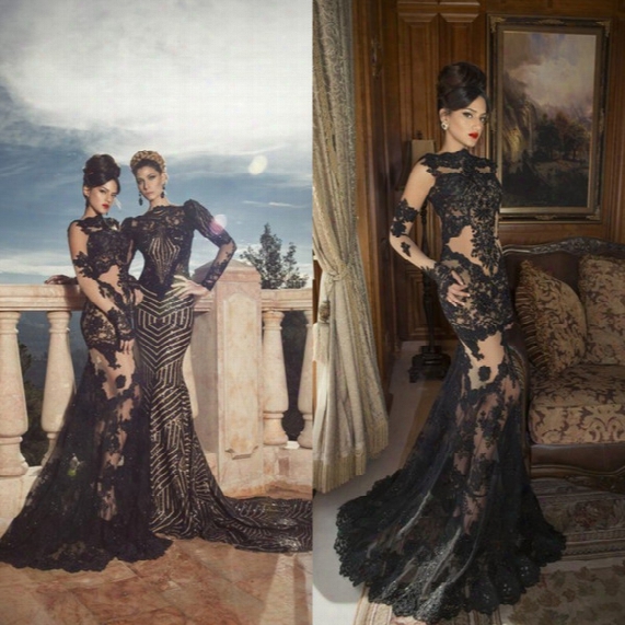 New Oved Cohen Sexy High Neck Sheer Sleeveless Long Gloves Applique Mermaid Black Lace Exquisite Red Carpet Arabic Prom Dresses Dl1311787