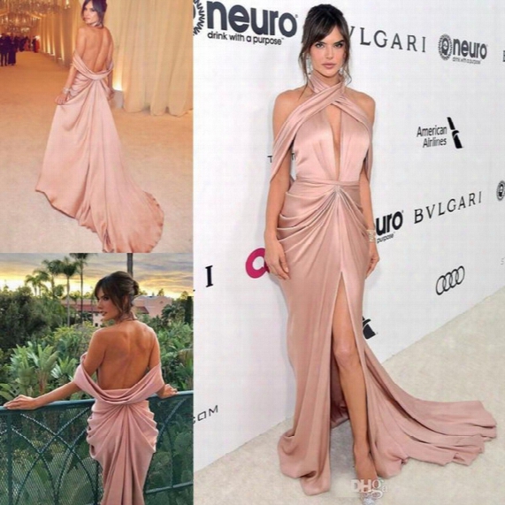 Sexy Split 2017 Mermaid Evening Dresses Halter Neck Satin Formal Party Dresses Backless Red Carpet Prom Dress Celebrity Gowns