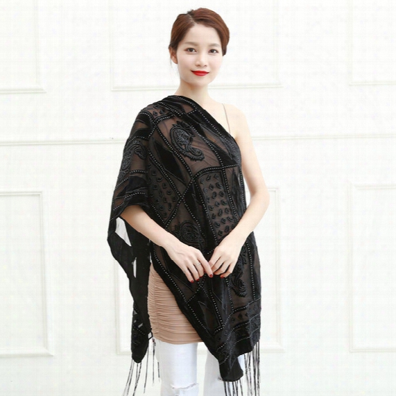 Wholesale- Spain Italy Hot Geometric Velvet Scarf Women 10 Colors Burnout Vacation Shawl Winter Poncho Female Free Shipping