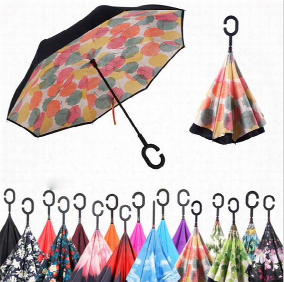 Windproof Double Layer Folding Inverted Umbrella, Self Stand Upside-down Rain Protection Car Reverse Umbrellas With C-shaped Handle