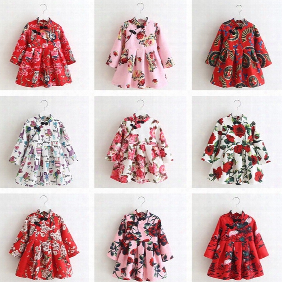 20 Design Big Girl Princess Long Sleeve Dress Free Shipping Children Fashion Cartoon Print Trational Dresses Baby Autumn Party Clothing