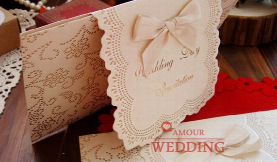 2015 Dedicate Handmade Wedding Formal Invitation Card With Bow Free Shipping Creative Bauquet Dinner Invitation Cards New Arrival