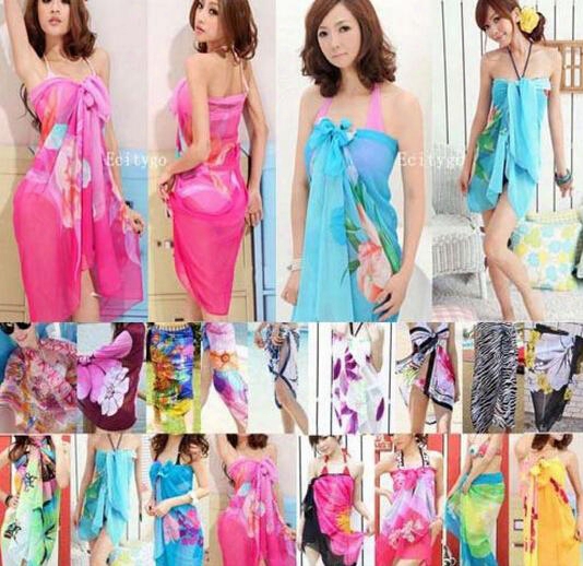2016 Summer Dazzle Floral Print Women Sexy Chiffon Wrap Pareo Dress Sarog Beach Bikini Swimwear Cover Up Scarf Shawl