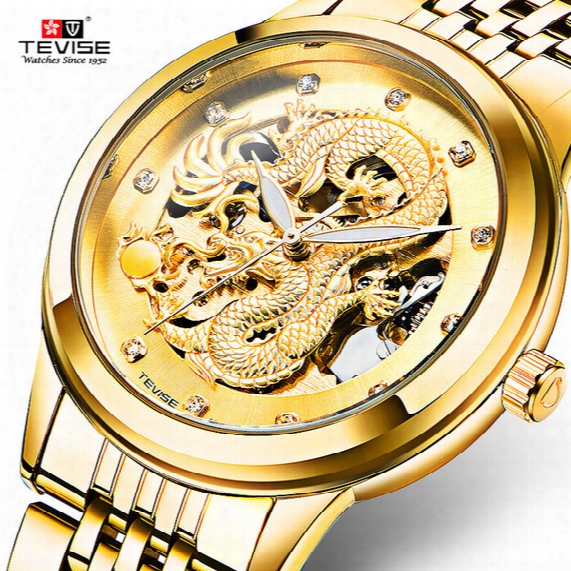 2017 New Men's Watch Skeleton Hollow Golden Dragon Mechanical Watch Automatic Winding Waterproof Tevise Relogio Automatico Masculino