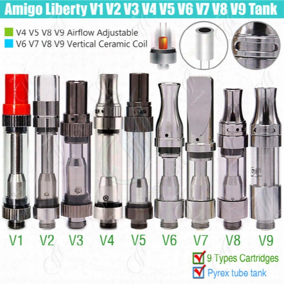 Authentic Amigo Liberty V1 V2 V3 V4 V5 V6 V7 V8 V9 Tank Cartridges 510 Thick Oil Bud Co2 Vaporizers Airflow Ceramic Coils Itsuwa Atomizers