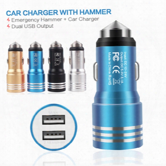 Best Price Emergency Safety Hammer Style Aluminum Alloy Metal Dual Port Usb Dc Car Charger For Iphone 6 7 Android Phones 4 Colors