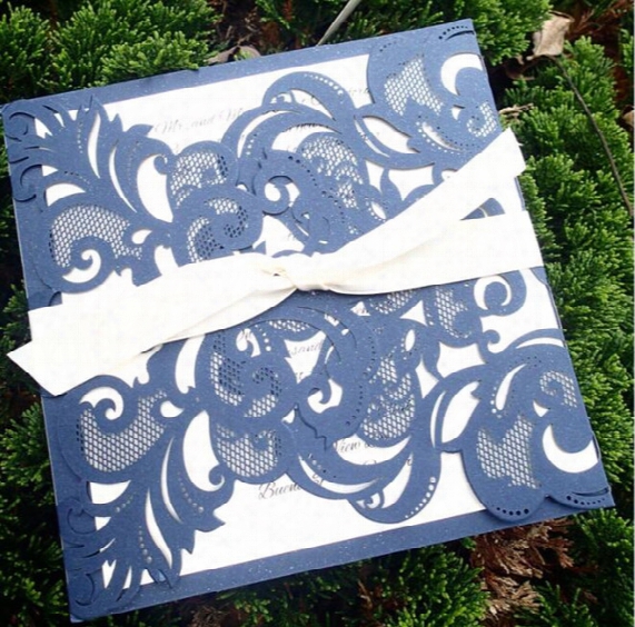 Blue Damask Laser Cut Wedding Invitations Free Customized Printing Wedding Cards With Rsvp 28 Colors To Chose Lk-713 Free Shipping