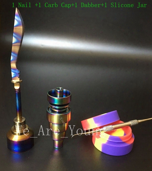 Bong Tool Set Anodized Colorful Domeless Gr2 Titanium Nail Rainbow Carb Cap Dabber Slicone Jar For Glass Water Pipes