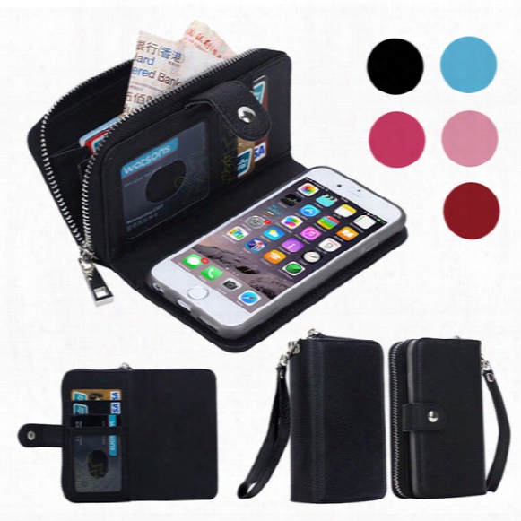 For Iphone 7 6 Plus Detachable Leather Wallet Case Removable Purse Pouch Flip Card Back Cover Zipper Cell Phone Soft Gel Cases Iphone7