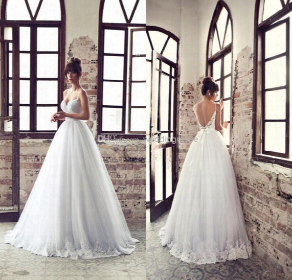 Julie Vino A-line Spaghetti Applique Lace Corset Backless Floor Length White Tulle Designer Bridal Gowns 2016 Sexy Wedding Dresses Dl1311166