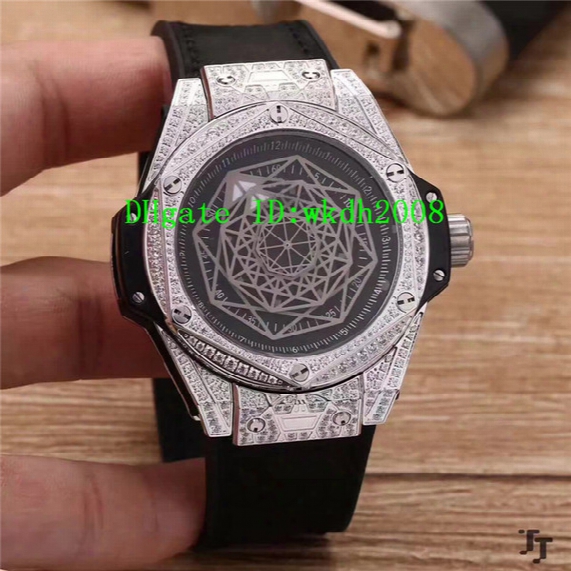 Luxury Brand 316l Stainless Steel Diamond Case Automatic Mens Watch Black Dial 43mm Rubber Strap Transparent Caseback Mans Wristwatches