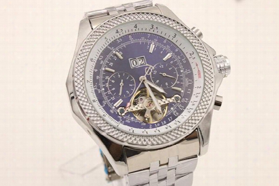 Luxury Brand Top Quality Automatic Mechanical Men's Watch Silver Stainless Belt Silver Skeleton Blue Dial Trend Watches