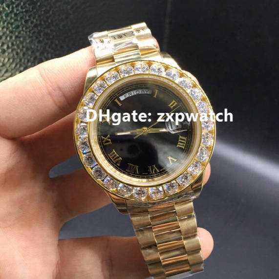 Luxury Watch For Men Brand Big Stones Bezel Diamonds Watches Gold Case Day Date Daydate Black Dial Automatic Aaa Watches