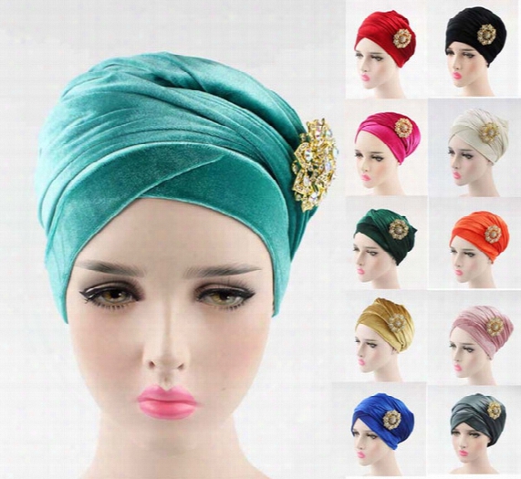 New Luxury Women Hijab Velvet Turban Head Wrap Extra Long Velour Tube Indian Headwrap Scarf Tie With Pearl Bowknot Brooch