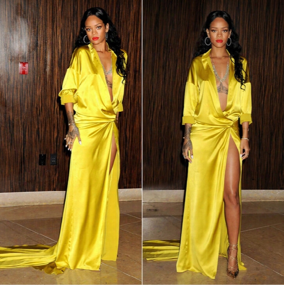 Rihanna Grammy Yellow Fashion Sexy Deep V Neck Evening Dresses Long Sleeve Sweep Train Slit Side Custom Made Red Carpet Celebrity Dress