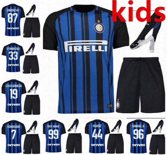 17 18 Inter Kids Soccer Jersey Kits + Socks 2017 2018 Icardi Kondogbia Candreva Ever Banega Children Milan Football Shirts Perisic Eder