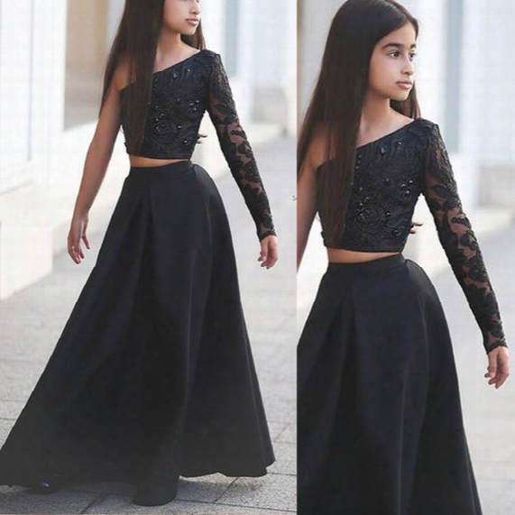 2016 Custom Pageant Dresses For Teens Cute Beaded Lace Applique Sheer Long Sleeve Black A Line Two Pieces Girls Party Gowns Fast Shipping