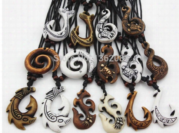 2017 Mixed Hawaiian Jewelry Imitation Bone Carved Nz Maori Fish Hook Pendant Necklace Choker Amulet Gift Lady Necklace Man