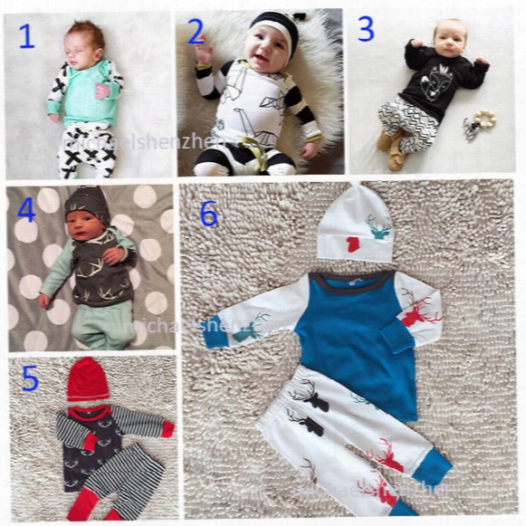 6 Design Baby Ins Christmas Suits Dhl Children Cartoon Elk Fox Stripe Short Sleeve T-shirt Trousers Suit Cartoon Pajamas Suits B001