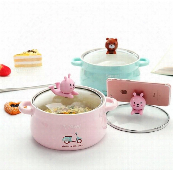 Cartoon Creative Mobile Phone Shelf Bowl With Cover Instant Noodles Ceramic Bowl Lovely Students Soup Bowl