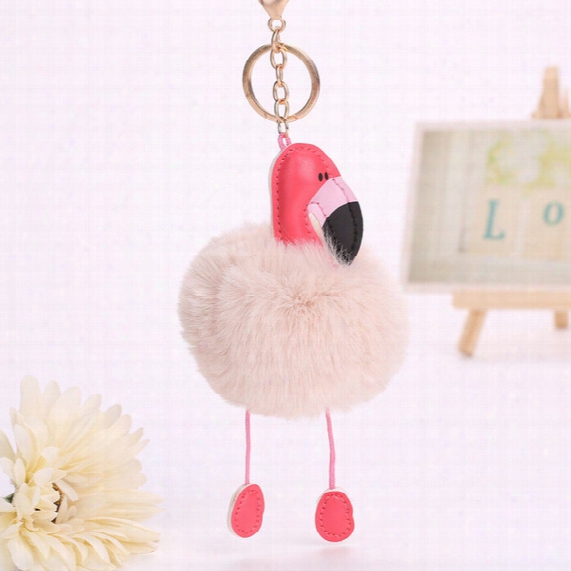 Cartoon Flamingo Keychain Lovely Fluffy Artificial Rabbit Fur Ball Key Chain Animal Bird Pompom Women Car Bag Key Ring