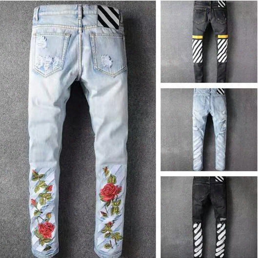 Free Shipping Off White Jeans Slim-fit Distressed Denim Jeans Pants Spray Stripes Ripped Jeans Embroidery Rose Skinny Cargo Pant Bbg0504