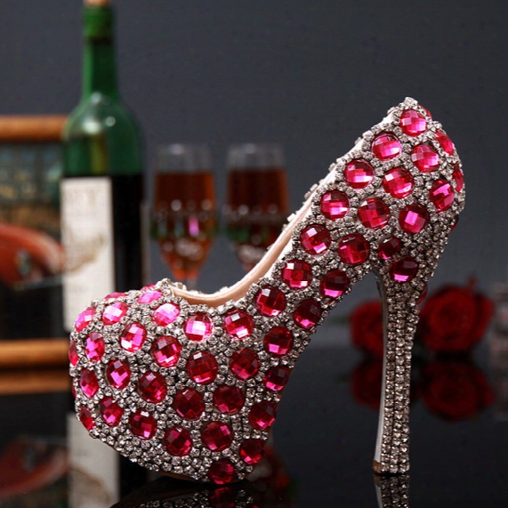 Fuchsia Diamonds Women Wedding Shoes Rhinestones Beads Lady Bridal High-heeled Evening Party Prom Cocktail Spectacle Runaway Red Carpet Pumps