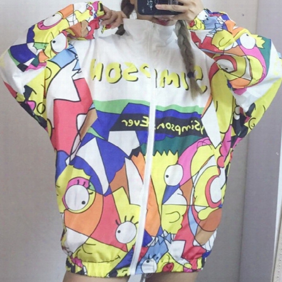 Harajuku Style Graffiti Cartoon Printed Baseball Women Jacket 2017 Autumn Long-sleeved Thin Sports Outerwear Coat Couple