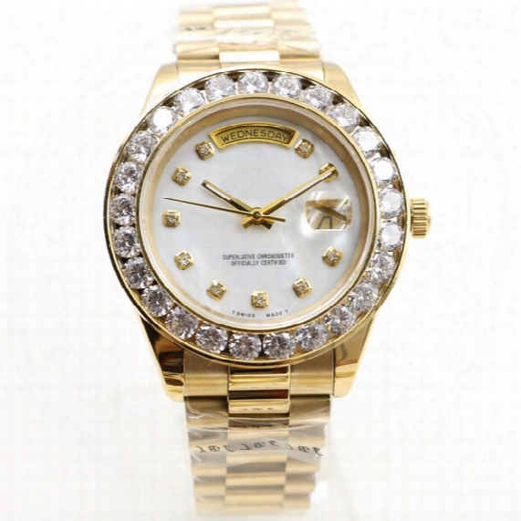 New Fashion Luxury Brand Mens Watches Gold President Day-date Big Diamonds Mother Pearl Dial Diamond Bezel Stainless Automatic Mens Watches