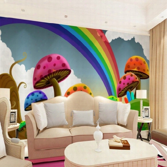 Wholesale- Wallpaper The Living Room Sofa Tv Background Wallpaper Cute Rainbow Mushroom Cartoon Childfen's 3d Wall Paper Mural Rainbow