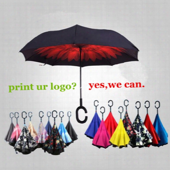 Windproof Reverse Folding Umbrella Double Layers Inverted Umbrella Self Stand Inside Out Rain Sun Protection C Hook Hands Umbrellas For Car
