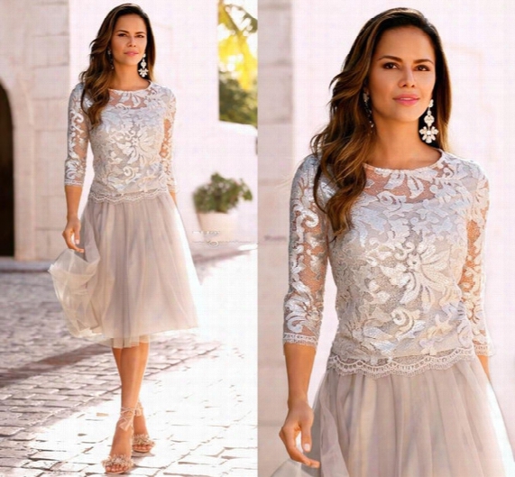 2017 Hot Sale Knee Length Short Mother Of The Bride Dresses 3/4 Long Sleeve Lace Bodice Tulle Mother Bride Dresses Short Prom Dresses