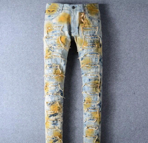 2017 Top Famous Brand Distressed Patches Biker Hiphop Cargo Stretch Rhinestone Studded Demin Jeans Hiphop Cropped Trousers Plus Size 40 42