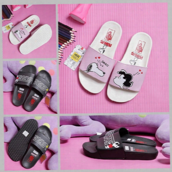 2017 Vans X Peanuts Slides Slipper Slip On For Women Girls Men Beach Sandals Designer Slippers Cartoon Snoopy Pink Black Casual Shoes 35-44