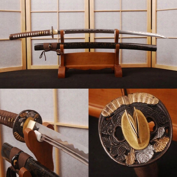 Brown Japanese Vintage Samurai Sword 1095 Carbon Steel Full Tang Handmade Manganese Unokubitsukuri Blade Sharp Edge Katana