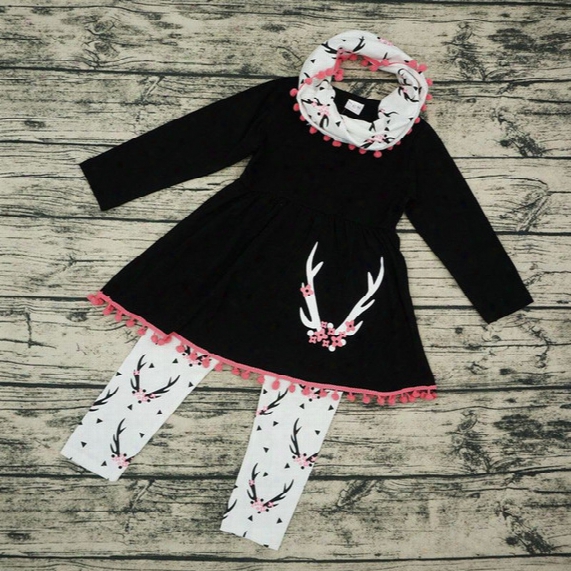Christmas Ins Baby Girl Clothing Set New Spring Autumn 2017 Baby Boys Clothing Sets Scarf+t Shirt+pant Deer Heart Kids Clothes Set For Girl